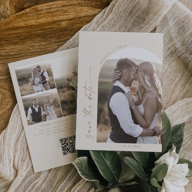 Modern Boho Arch | Cream QR Code Photo Save The Date (Creator Uploaded)