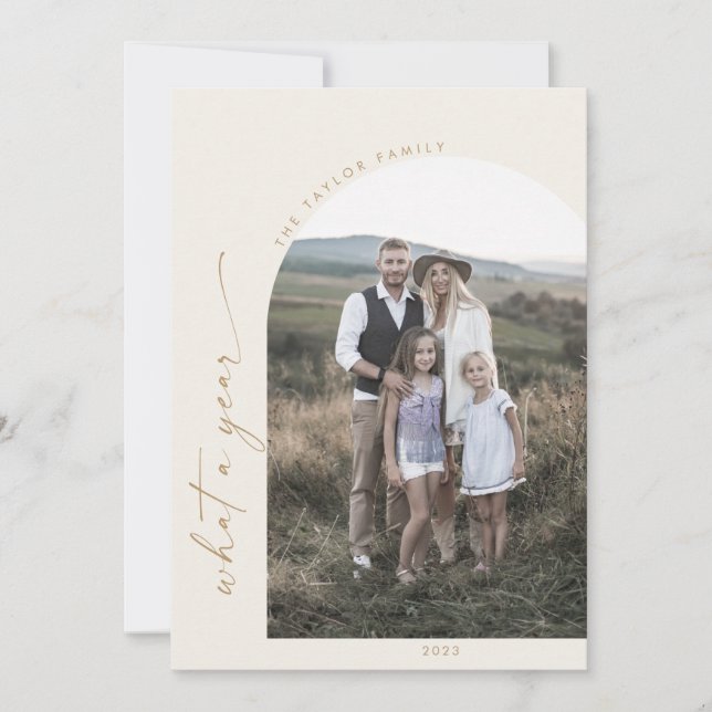 Modern Boho Arch | Cream What A Year Photo Holiday Card (Front)