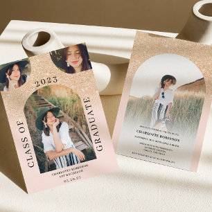 Modern boho arch gold chic pink 4 photo graduation invitation
