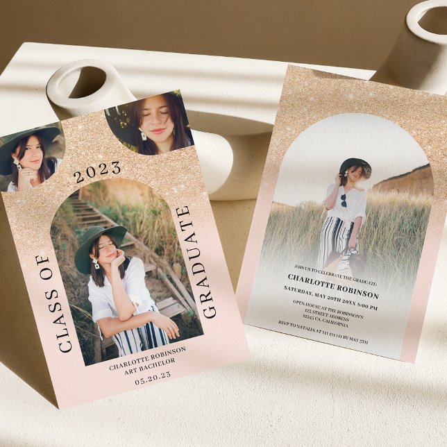 Modern boho arch gold chic pink 4 photo graduation invitation (Creator Uploaded)