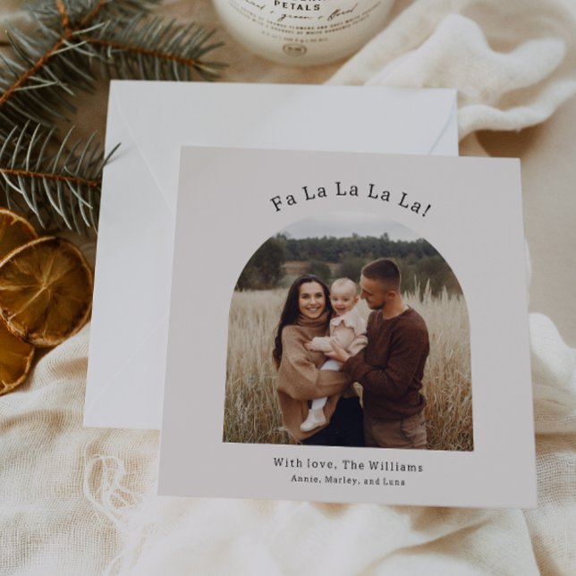 Modern Boho Arch Green Fa La La La La One Photo Holiday Card (Creator Uploaded)