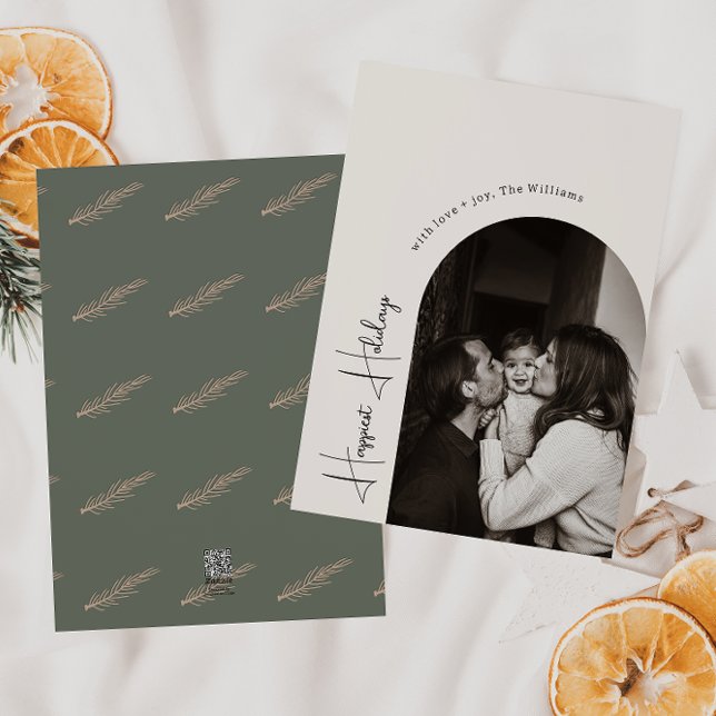 Modern Boho Arch Green happiest holidays Photo Holiday Card (Creator Uploaded)