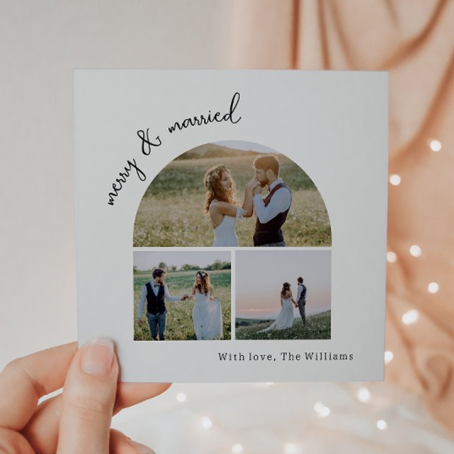 Modern Boho Arch Green Merry & Married Three Photo Holiday Card (Creator Uploaded)