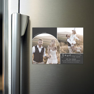 Modern Boho Arch   Grey 2 Photo Save the Date Magnetic Invitation