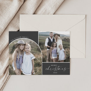 Modern Boho Arch   Grey 2 Photos Merry Christmas Holiday Card