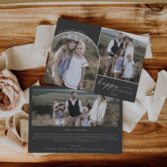 Modern Boho Arch | Grey 3 Family Photos Holiday Card (Creator Uploaded)