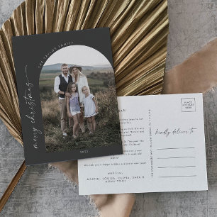 Modern Boho Arch Grey Christmas Photo Holiday Postcard