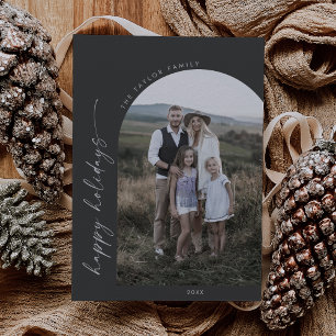 Modern Boho Arch   Grey Happy Holidays Photo Holiday Card