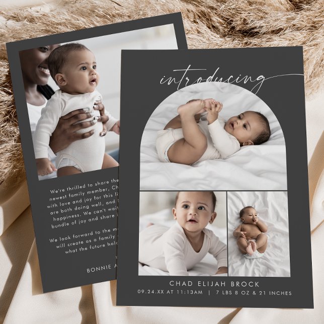 Modern Boho Arch | Grey Photo Collage Birth Announcement (Creator Uploaded)