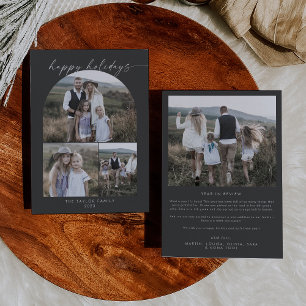 Modern Boho Arch Grey Photo Collage Family Holiday Card
