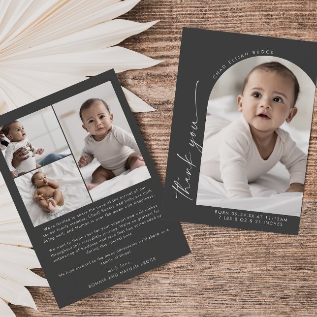 Modern Boho Arch | Grey Thank You Photo Birth Announcement (Creator Uploaded)