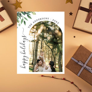 Modern Boho Arch Happy Holidays Botanical Photo Holiday Postcard