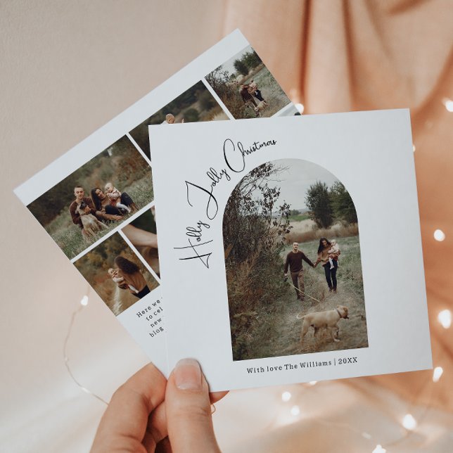 Modern Boho Arch Holly Jolly Christmas Seven Photo Holiday Card (Creator Uploaded)
