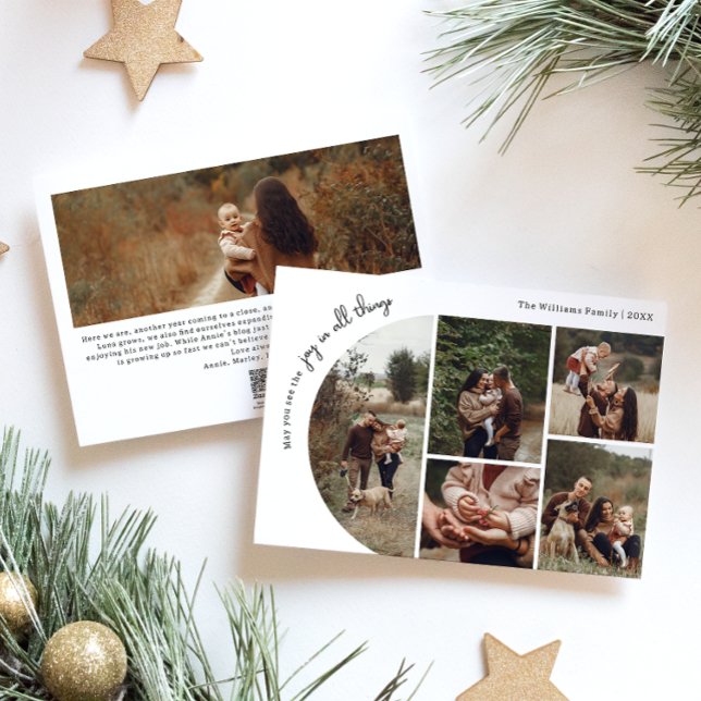 Modern Boho Arch Joy In All Things Six Photo Holiday Card (Creator Uploaded)