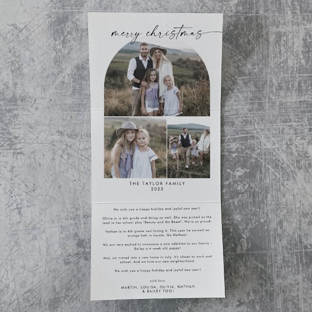 Modern Boho Arch Merry Christmas Photo Collage Tri-Fold Holiday Card (Creator Uploaded)