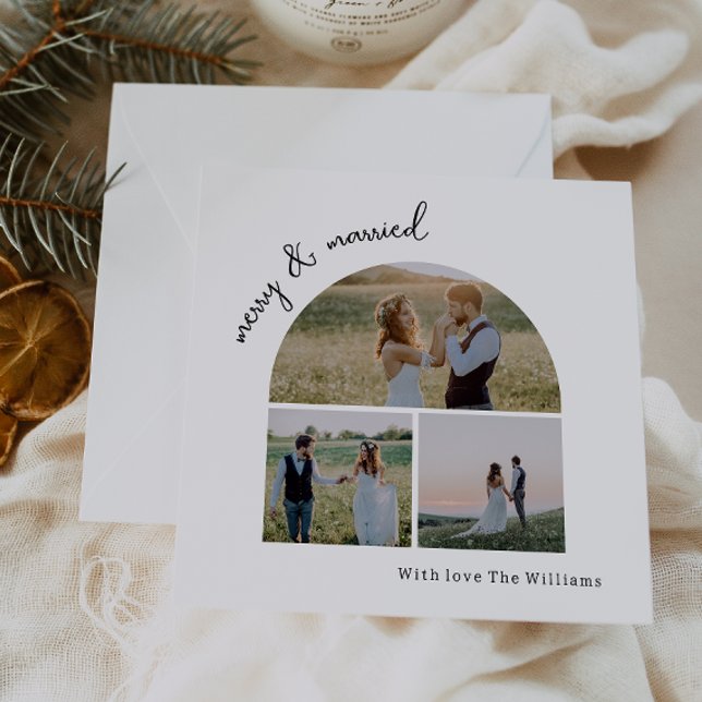 Modern Boho Arch Merry & Married Three Photo Holiday Card (Creator Uploaded)