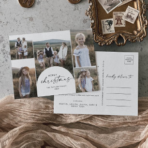 Modern Boho Arch Multi Photo Family News Christmas Holiday Postcard