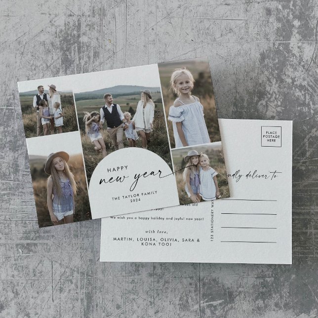 Modern Boho Arch Multi Photo Family News New Year Holiday Postcard (Creator Uploaded)