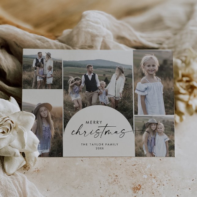Modern Boho Arch Multi Photo Merry Christmas Holiday Card (Creator Uploaded)