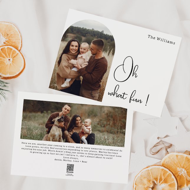 Modern Boho Arch Oh What fun Two Photo Holiday Card (Creator Uploaded)