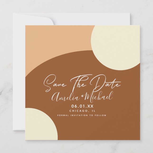 Modern Boho Arch Organic Shapes Tan Save the Date Card (Front)