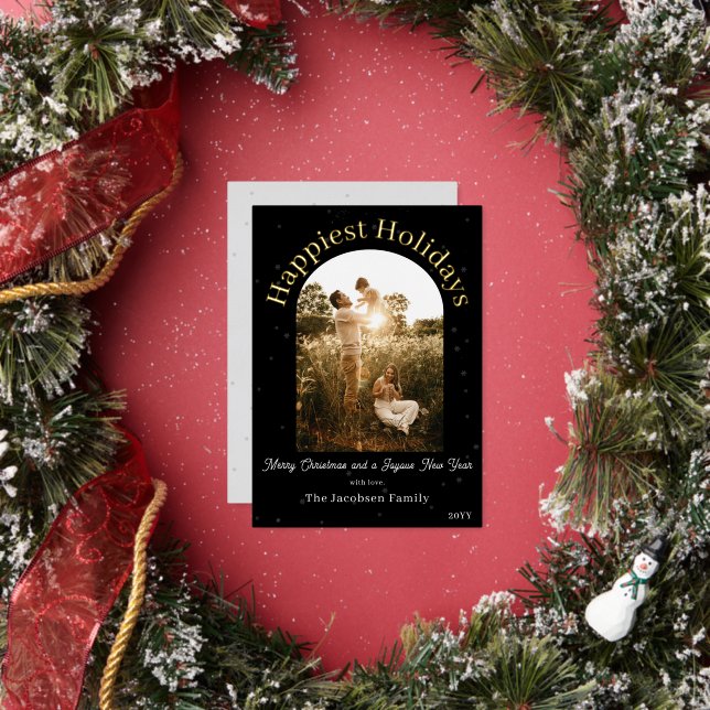 Modern Boho Arch Photo | Black Foil Holiday Card (Insitu)