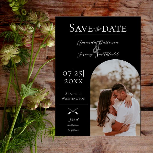Modern Boho Arch Photo | Black Save the Date (Modern Arch Photo Save the Date - Black)