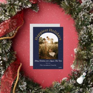 Modern Boho Arch Photo Blue Foil Holiday Card