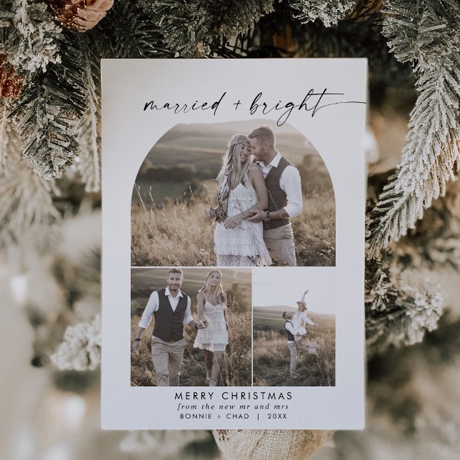 Modern Boho Arch Photo Collage Newlywed Christmas Holiday Card (Creator Uploaded)