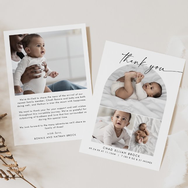 Modern Boho Arch Photo Collage Thank You Birth Announcement (Creator Uploaded)
