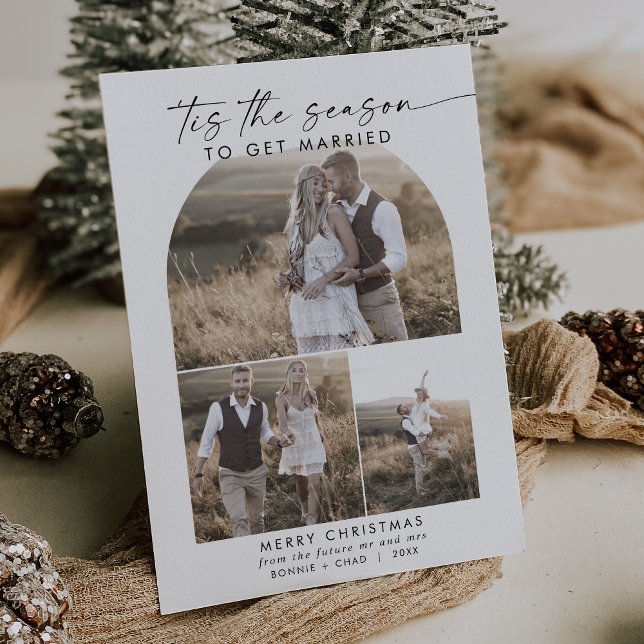 Modern Boho Arch Photo Collage Wedding Engagement  Holiday Card (Creator Uploaded)