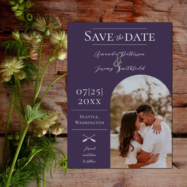 Modern Boho Arch Photo | Purple Save the Date (Modern Arch Photo Save the Date - Purple)