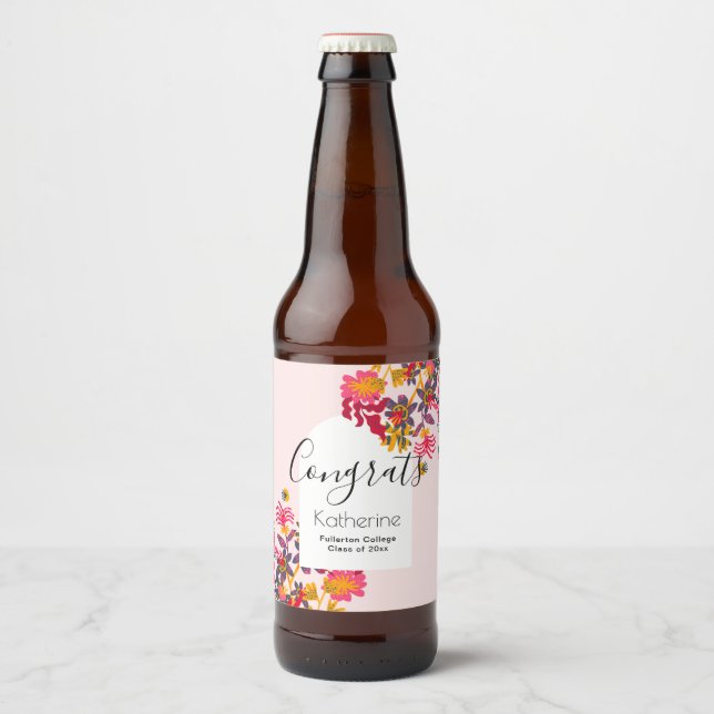 Modern Boho Arch Pink Floral Graduation Party Beer Bottle Label (Front)