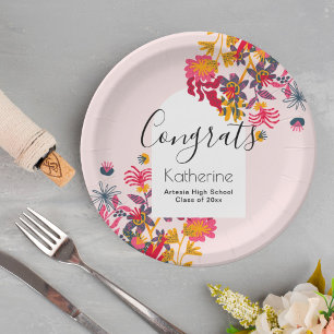 Modern Boho Arch Pink Floral Graduation Party Paper Plate