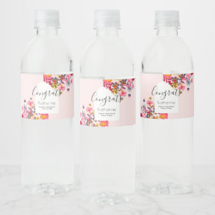 Modern Boho Arch Pink Floral Graduation Party Water Bottle Label