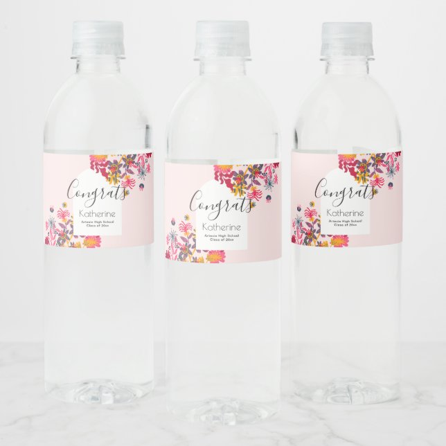 Modern Boho Arch Pink Floral Graduation Party Water Bottle Label (Bottles)
