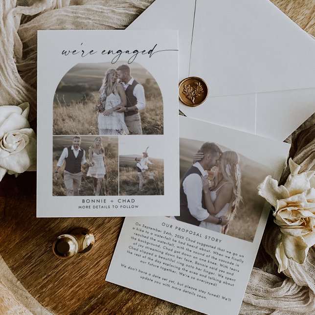 Modern Boho Arch Proposal Photo Collage Engagement Announcement (Creator Uploaded)