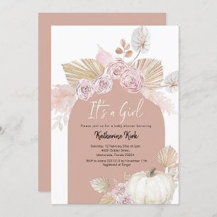 Modern Boho Arch Pumpkin It's a Girl Baby Shower Invitation