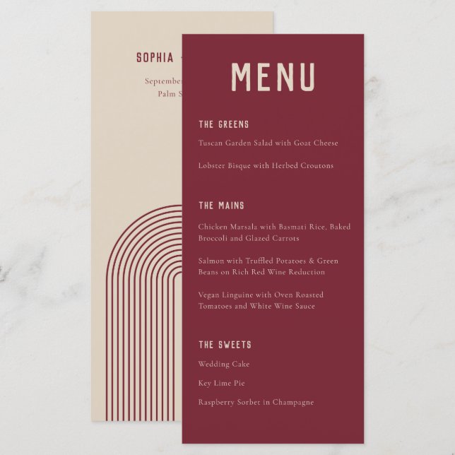 Modern Boho Arch Red Beige Typography Wedding Menu (Front/Back)
