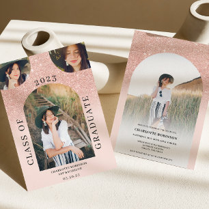 Modern boho arch rose gold pink 4 photo graduation invitation