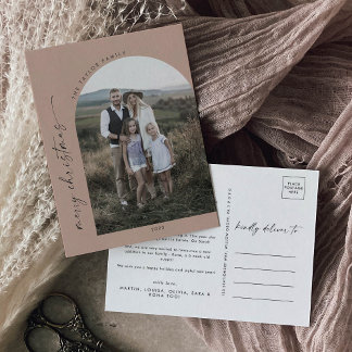 Modern Boho Arch | Salmon Christmas Photo Holiday Postcard