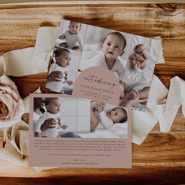 Modern Boho Arch | Salmon Multi Photo Birth Announcement (Creator Uploaded)