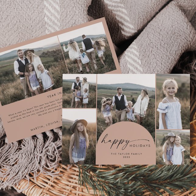 Modern Boho Arch | Salmon Multi Photo Family News Holiday Card (Creator Uploaded)