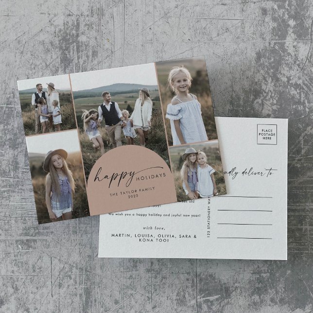 Modern Boho Arch | Salmon Multi Photo Family News Holiday Postcard (Creator Uploaded)