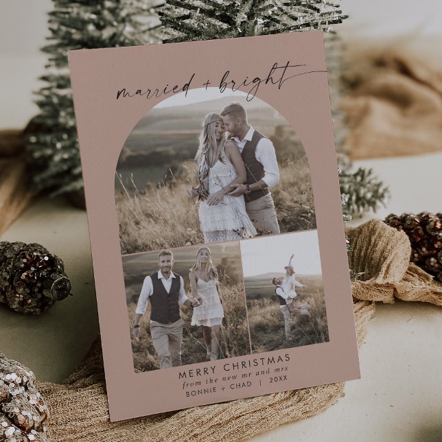 Modern Boho Arch | Salmon Photo Collage Newlywed Holiday Card (Creator Uploaded)