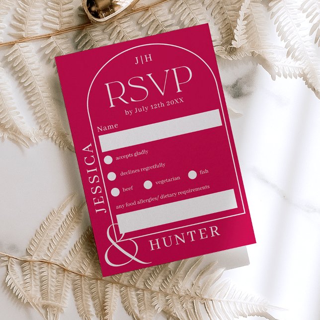 Modern boho arch  wedding bold magenta RSVP card (Creator Uploaded)