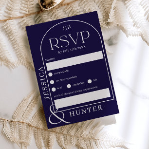 Modern boho arch wedding navy blue RSVP card