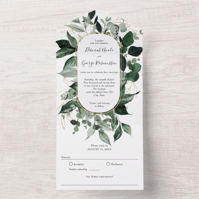 Modern Boho Arch with Watercolor Botanical Leaves All In One Invitation (Inside)