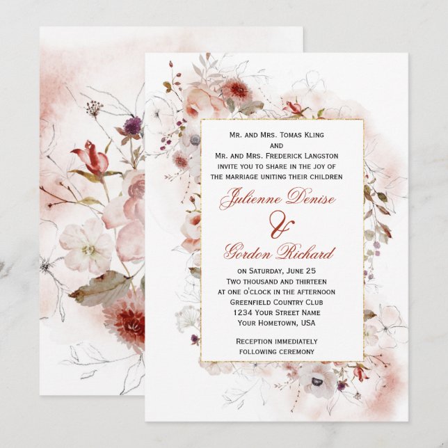Modern Boho Autumn Floral Frame Wedding Invitation (Front/Back)