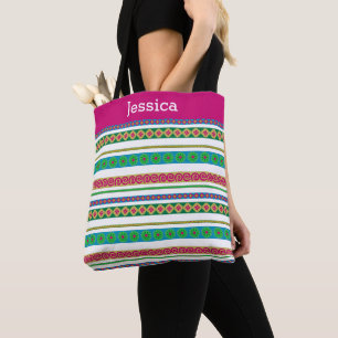 Modern Boho Aztec Tribal Stripe Pink Monogram Name Tote Bag